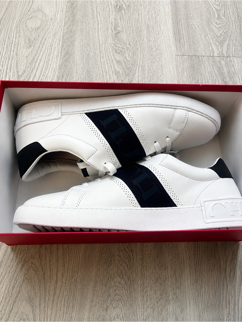 Carolina Herrera White Leather Sneakers with Blue Stripe